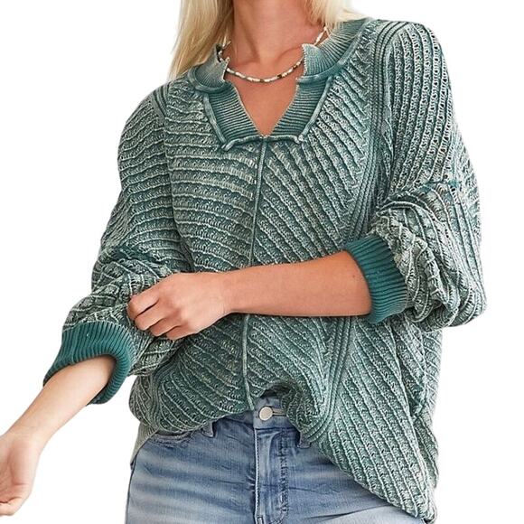 BKE Washed Notch Neck Oversized Cotton Open Weave Jasper Green Sweater Size S - Picture 1 of 14